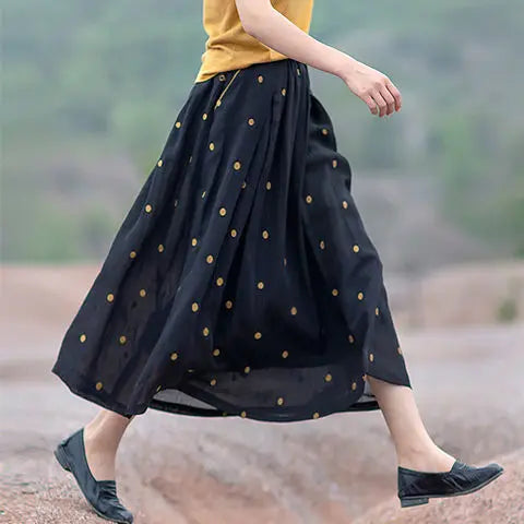 2021 New Arrival Summer Women Loose Casual Dot Print A-line High Waist Skirt Mid-calf Cotton Linen Skirts W542