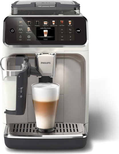 Espresso Kaffeevollautomat EP5543/90 5500 Series, 20 Getränke (heiß oder eisgekühlt) Modernes Farb-Touchdisplay, LatteGo-Milchsystem, SilentBrew Technologie, QuickStart, 1,8L Wassertank, Weißchrom