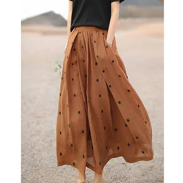 2021 New Arrival Summer Women Loose Casual Dot Print A-line High Waist Skirt Mid-calf Cotton Linen Skirts W542