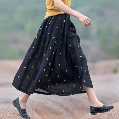 2021 New Arrival Summer Women Loose Casual Dot Print A-line High Waist Skirt Mid-calf Cotton Linen Skirts W542