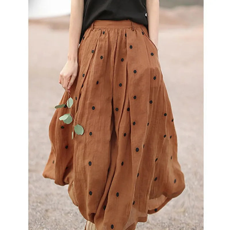 2021 New Arrival Summer Women Loose Casual Dot Print A-line High Waist Skirt Mid-calf Cotton Linen Skirts W542