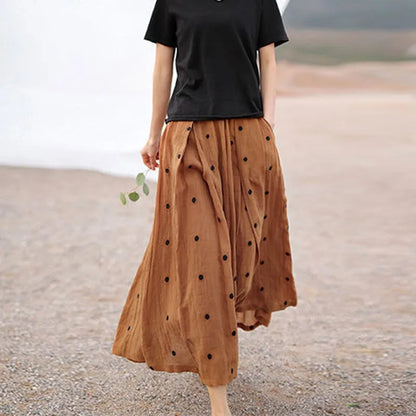 2021 New Arrival Summer Women Loose Casual Dot Print A-line High Waist Skirt Mid-calf Cotton Linen Skirts W542