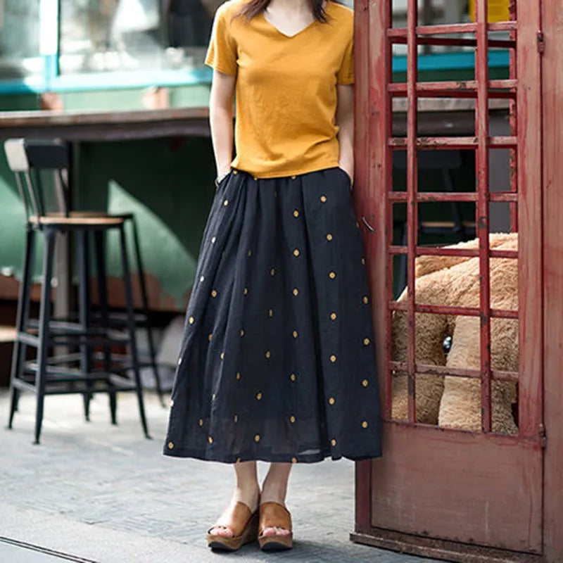 2021 New Arrival Summer Women Loose Casual Dot Print A-line High Waist Skirt Mid-calf Cotton Linen Skirts W542