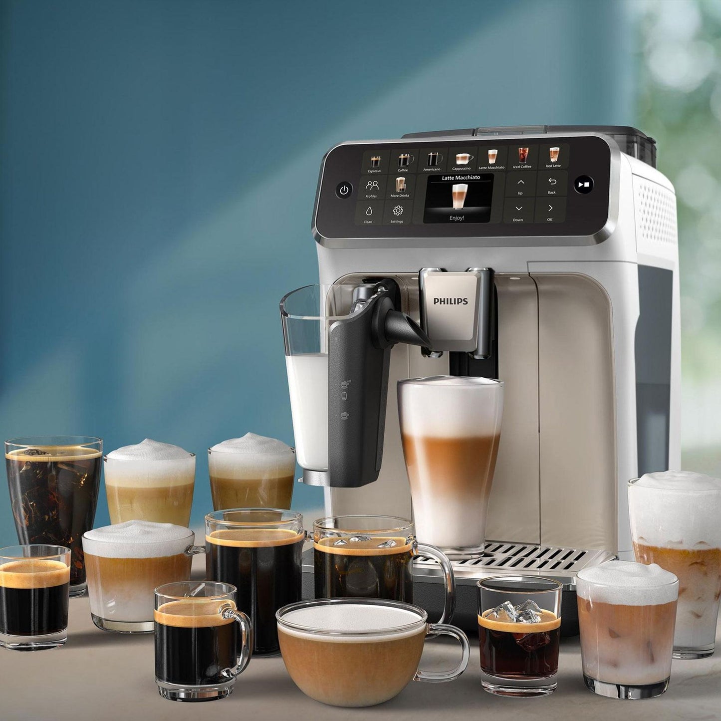 Espresso Kaffeevollautomat EP5543/90 5500 Series, 20 Getränke (heiß oder eisgekühlt) Modernes Farb-Touchdisplay, LatteGo-Milchsystem, SilentBrew Technologie, QuickStart, 1,8L Wassertank, Weißchrom