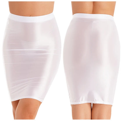 Women Glossy Sexy Mini Skirt High Waist Pencil Bodycon Skirt Stretchy Solid Color Skirt for Club Pole Dancing Party Show Coatume