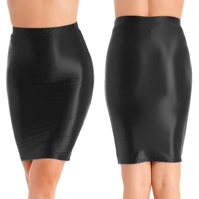 Women Glossy Sexy Mini Skirt High Waist Pencil Bodycon Skirt Stretchy Solid Color Skirt for Club Pole Dancing Party Show Coatume