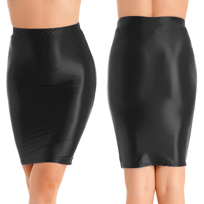 Women Glossy Sexy Mini Skirt High Waist Pencil Bodycon Skirt Stretchy Solid Color Skirt for Club Pole Dancing Party Show Coatume