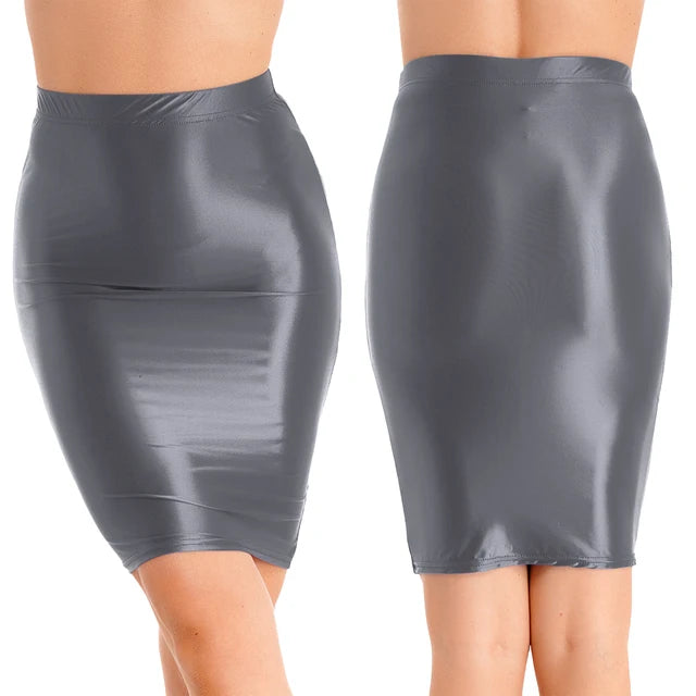 Women Glossy Sexy Mini Skirt High Waist Pencil Bodycon Skirt Stretchy Solid Color Skirt for Club Pole Dancing Party Show Coatume