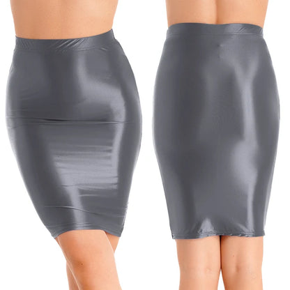 Women Glossy Sexy Mini Skirt High Waist Pencil Bodycon Skirt Stretchy Solid Color Skirt for Club Pole Dancing Party Show Coatume