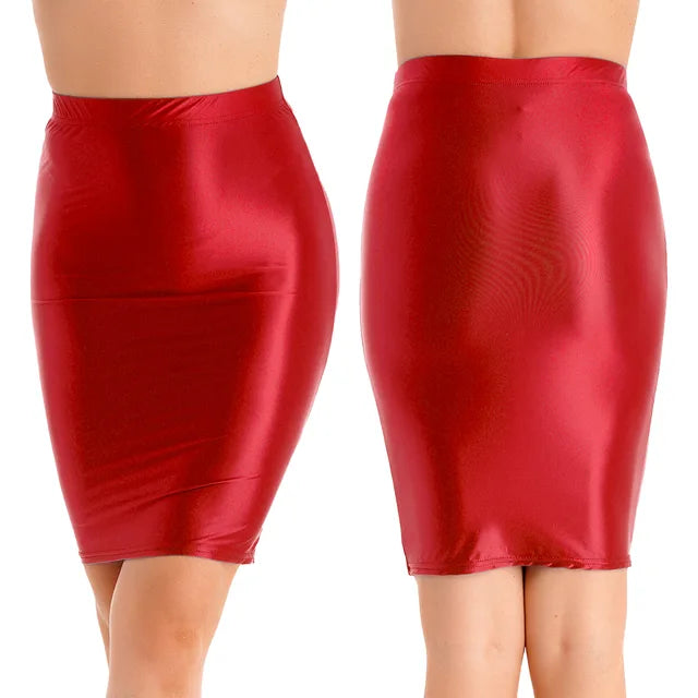 Women Glossy Sexy Mini Skirt High Waist Pencil Bodycon Skirt Stretchy Solid Color Skirt for Club Pole Dancing Party Show Coatume