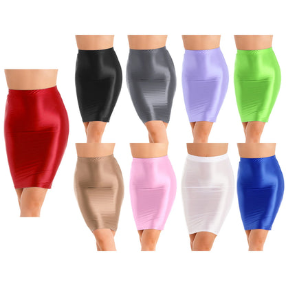 Women Glossy Sexy Mini Skirt High Waist Pencil Bodycon Skirt Stretchy Solid Color Skirt for Club Pole Dancing Party Show Coatume
