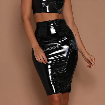 Women PU Leather High Waist Wet Look Bodycon Pencil Midi Skirts Dress Club Party Sexy Lady Outfits Bodycon Wrap Skirt Short