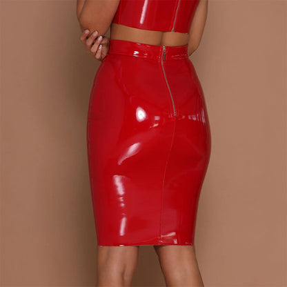 Women PU Leather High Waist Wet Look Bodycon Pencil Midi Skirts Dress Club Party Sexy Lady Outfits Bodycon Wrap Skirt Short
