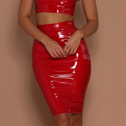 Women PU Leather High Waist Wet Look Bodycon Pencil Midi Skirts Dress Club Party Sexy Lady Outfits Bodycon Wrap Skirt Short